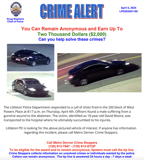 Crime Stoppers post $2,000 reward for information, photo of dark colored sedan